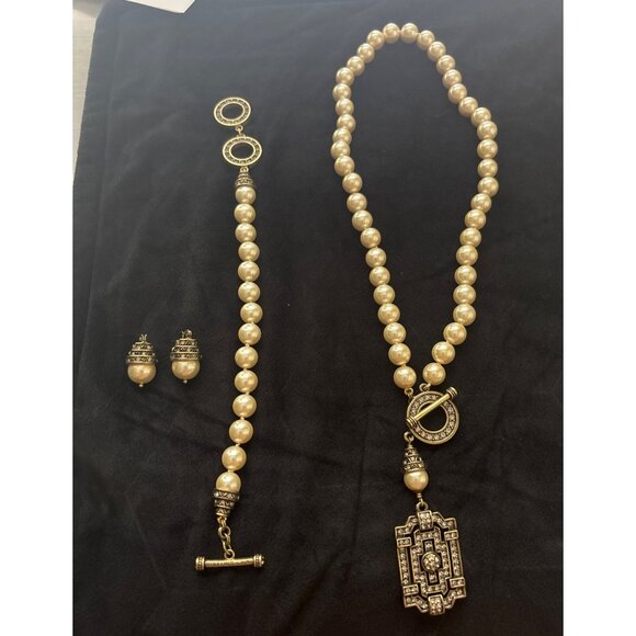 3pc Retired Heidi Daus Art Deco Cream Pearl Toggle Necklace Bracelet Earrings - Picture 2 of 6